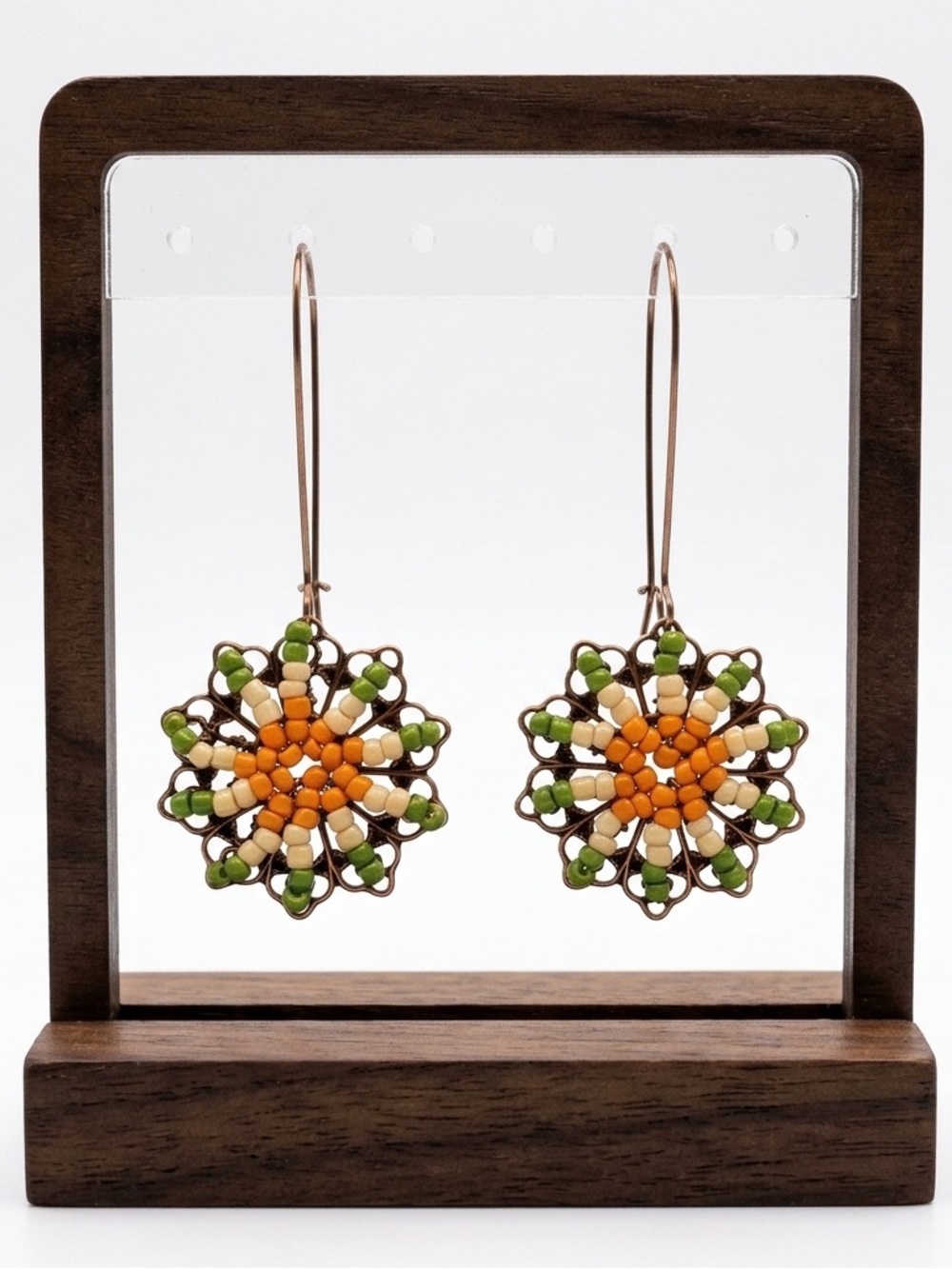 New Handmade Bronze Wire Green & Orange & White Beaded Flower Earrings